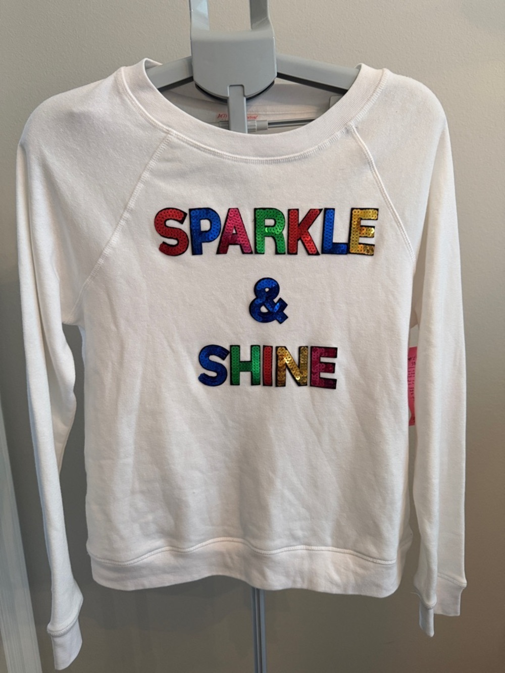 Betsey Johnson White Sweatshirt with Colorful Sequin 'Sparkle & Shine' Letters